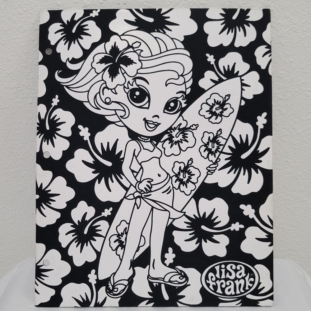 Lisa Frank Surfer Girl Fuzzy 2 Pocket Folder Hibiscus Vintage Y2K Black White